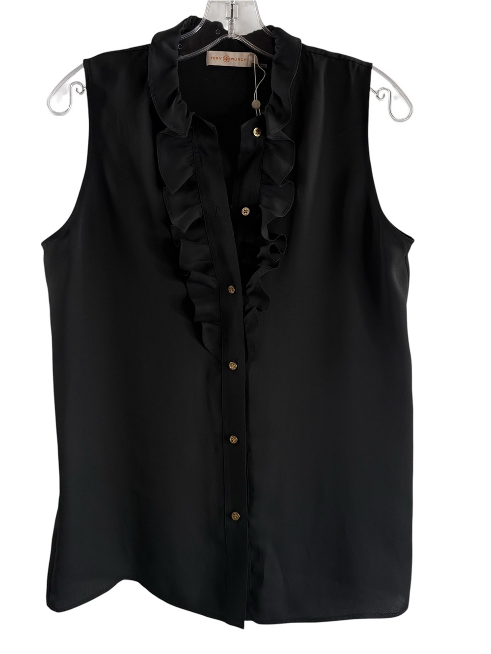 TORY BURCH Sleeveless Ruffle Shell Trim Button Front Top - Black NWT $298